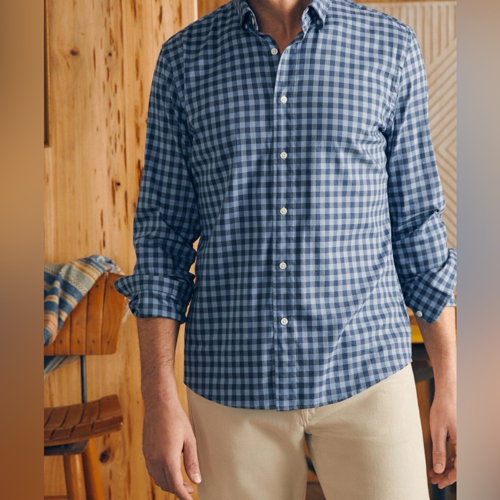 Pair of Faherty Movement Shirts XL Navy Skies Check and Perfect Blue Gingham